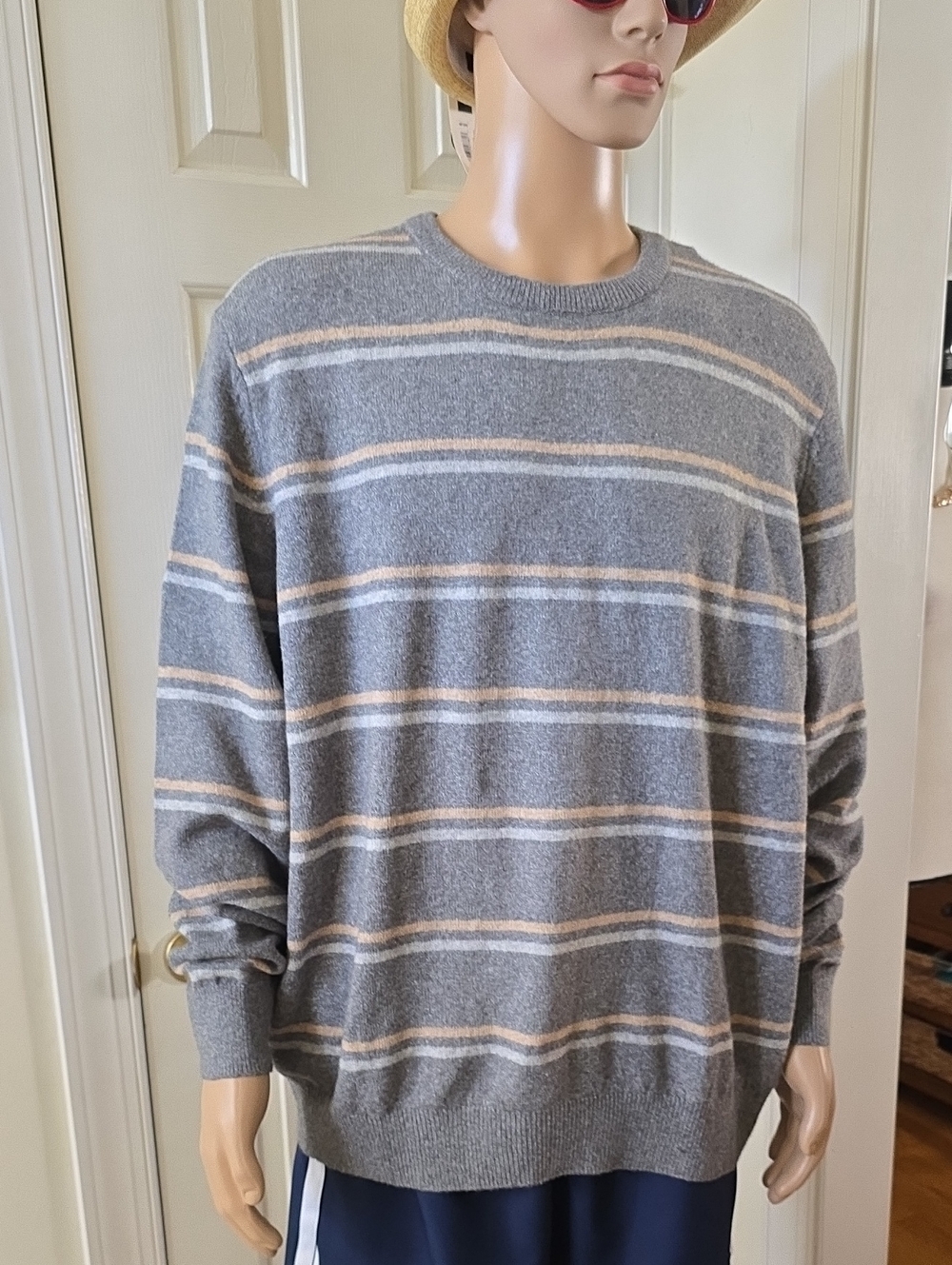 Izod Brand Mens Big & Tall Gray Stripes Crewneck Sweater Size XXL